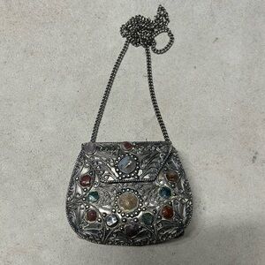 Vintage Sajai Metal Purse with Multicolor Agate Stones and Silver Chain Strap